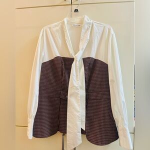 7th Avenue New York & Co Womens Top Blouse Shirt Ivory Tie Plaid  Size XL